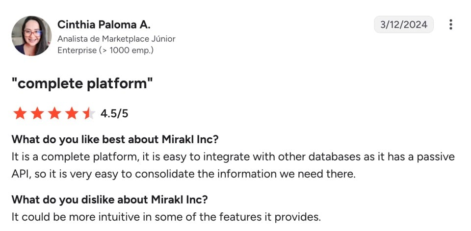 Review noting that Mirakl is complete and easy to integrate.