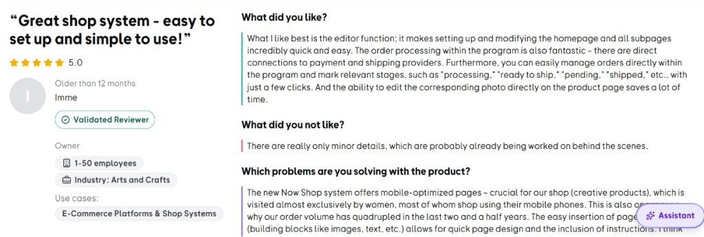 Review from a small business owner praising ePages for its easy setup, editor function, and direct payment and shipping integrations
