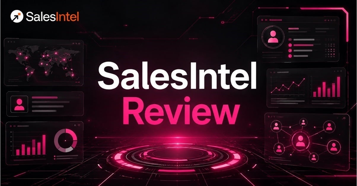 SalesIntel Review hero graphic with the SalesIntel logo, analytics dashboards, and contact data elements on a neon pink and black background