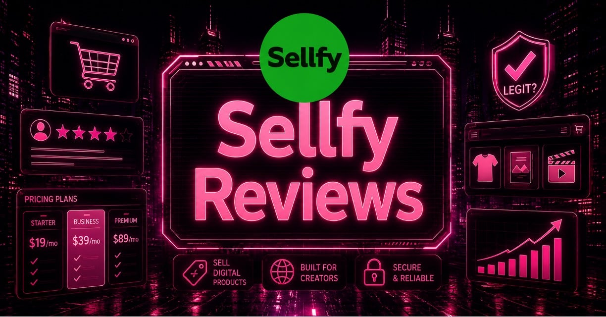 Sellfy Reviews banner with neon pink e-commerce icons including a storefront, product listings, and analytics