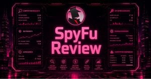 SpyFu logo set against a pink and black cyberpunk illustration