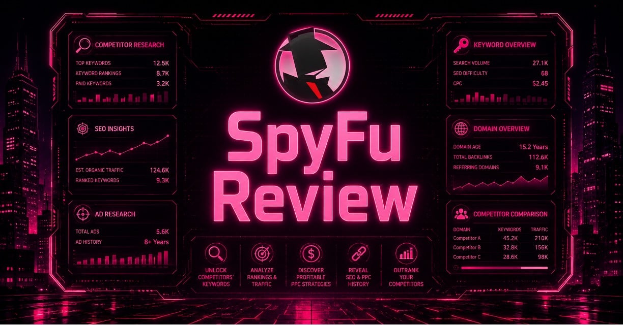 SpyFu logo set against a pink and black cyberpunk illustration