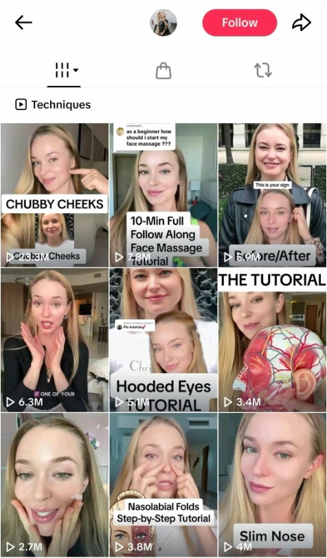 TikTok thumbnails from Anastasia Beauty Fascia’s profile