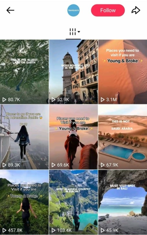 TikTok thumbnails in TravelGuys’ profile