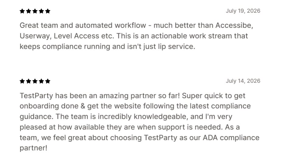 Two five-star Shopify App Store reviews of TestParty praising the automated workflow, fast onboarding, and knowledgeable support team.