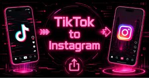 Two smartphones with a share icon and arrow between them, illustrating the export flow from TikTok to Instagram Reels