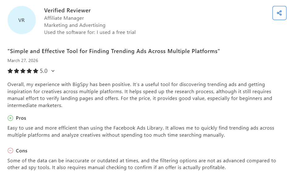 G2 5-star BigSpy review from an affiliate manager noting outdated data and less advanced filtering compared to other ad spy tools.