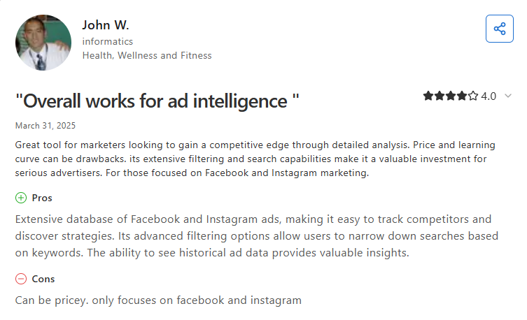 Capterra review of AdSpy noting extensive filtering, with price and Facebook/Instagram-only coverage as cons.