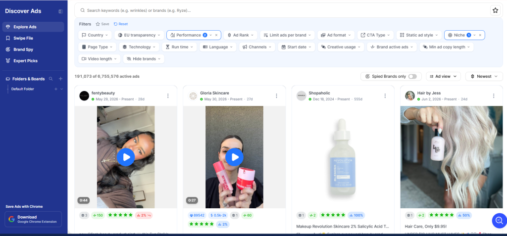 GetHookd’s Explore Ads dashboard showing ad search results with filtering options for performance.