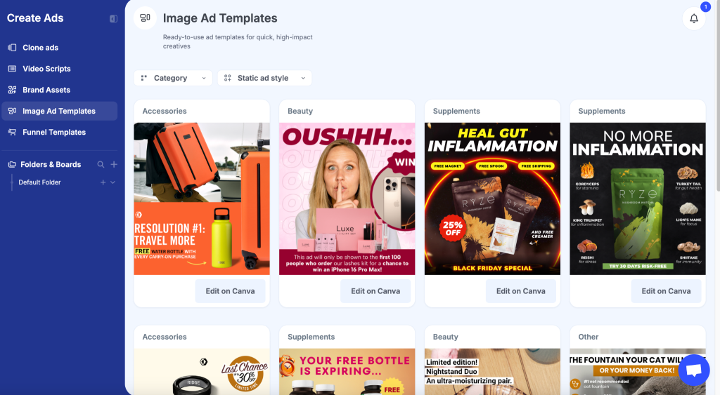 GetHookd’s Image Ad Templates dashboard with sample static ad layouts ready to launch.