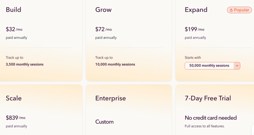 Screenshot of Lucky Orange’s pricing page.