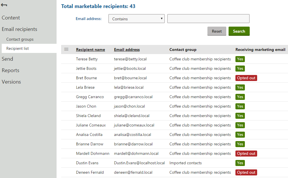 Kentico email recipient list showing 43 marketable contacts with names, emails, contact groups, and opt-in status.