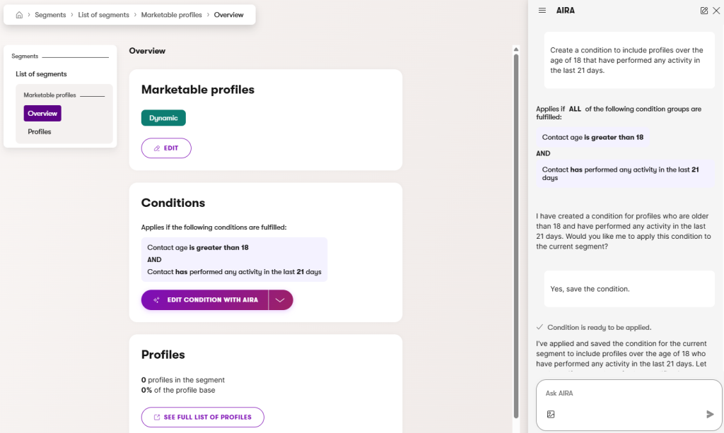 Kentico AIRA assistant creating a marketable profiles segment condition via conversational chat interface.