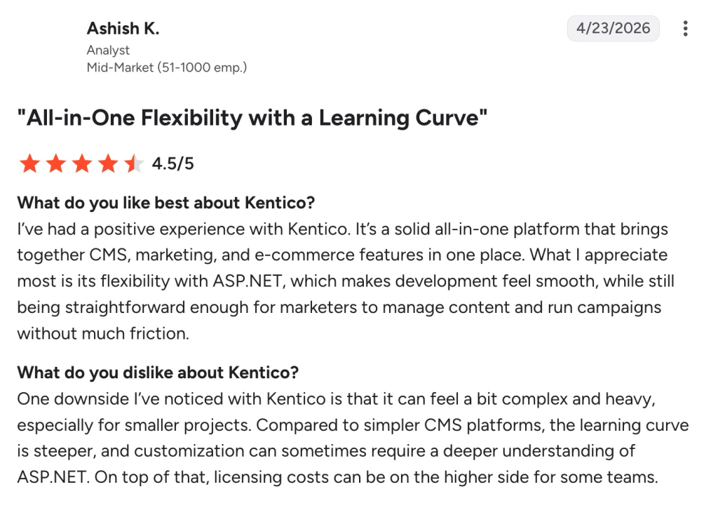 G2 review by Ashish K. rating Kentico 4.5 out of 5, highlighting flexibility and learning curve.