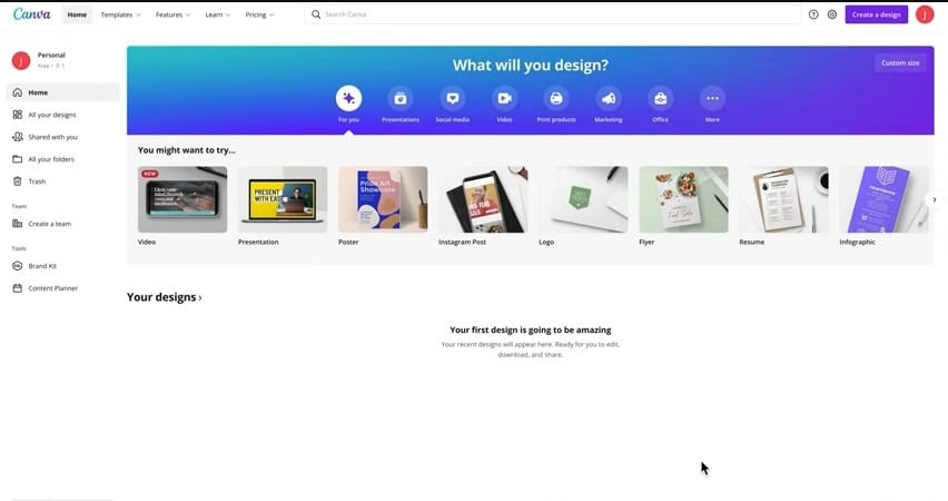 Canva home dashboard with video and presentation templates.