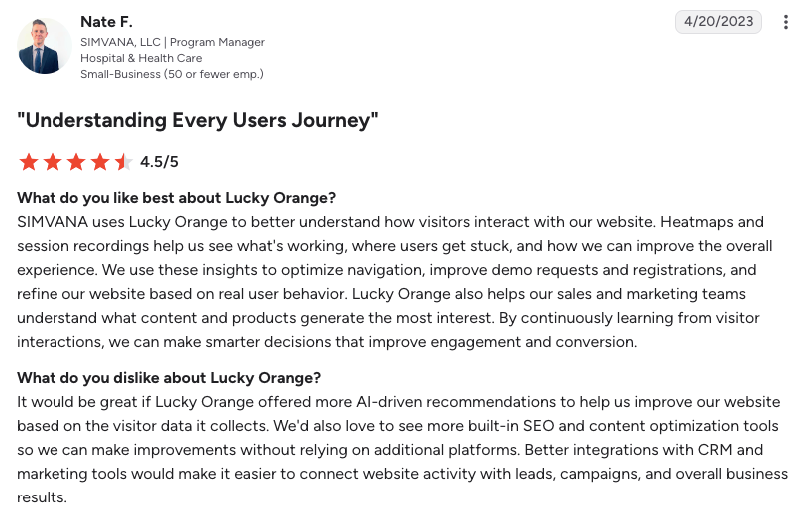 Screenshot of a user’s review for Lucky Orange on G2.