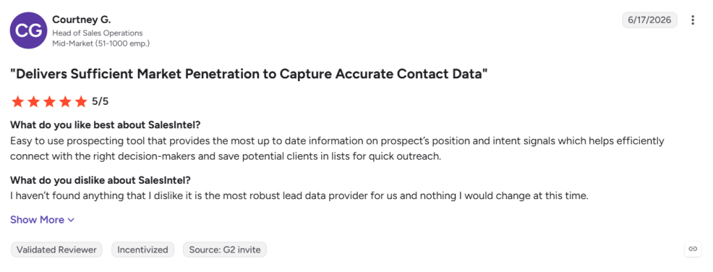 G2 review from a Head of Sales Operations at a mid-market company rating SalesIntel 5 out of 5 and praising accurate contact data and intent signals for efficient prospecting.