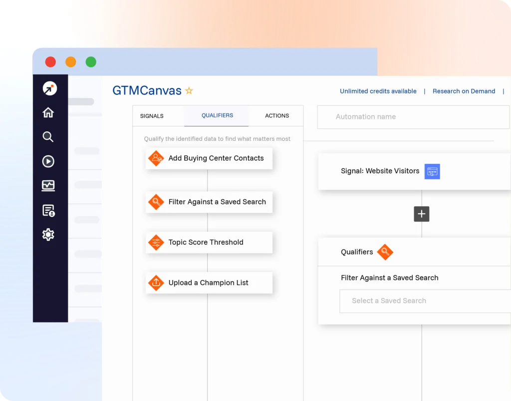 SalesIntel GTMCanvas interface showing the Qualifiers tab with options to add buying center contacts.
