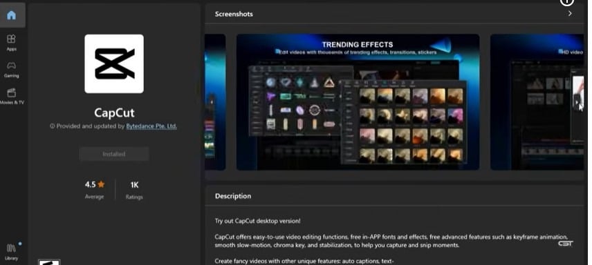 CapCut app page with trending effects and ratings.