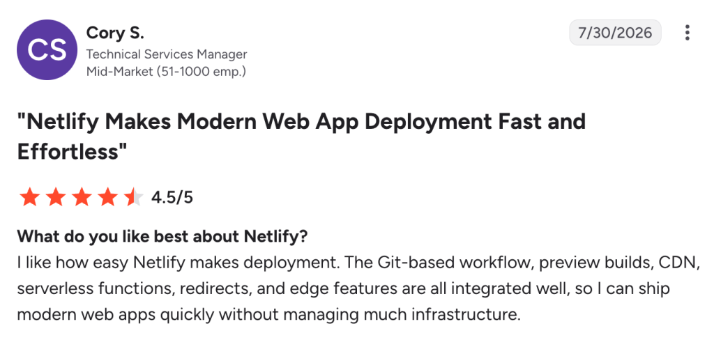 A 4.5-star G2 review highlighting how Netlify simplifies web deployment
