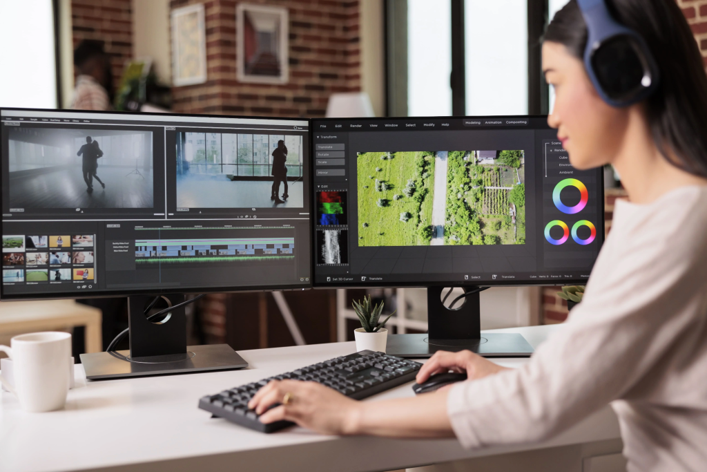 Woman wearing headphones editing video and content on a dual-monitor workstation in a brick-walled office.