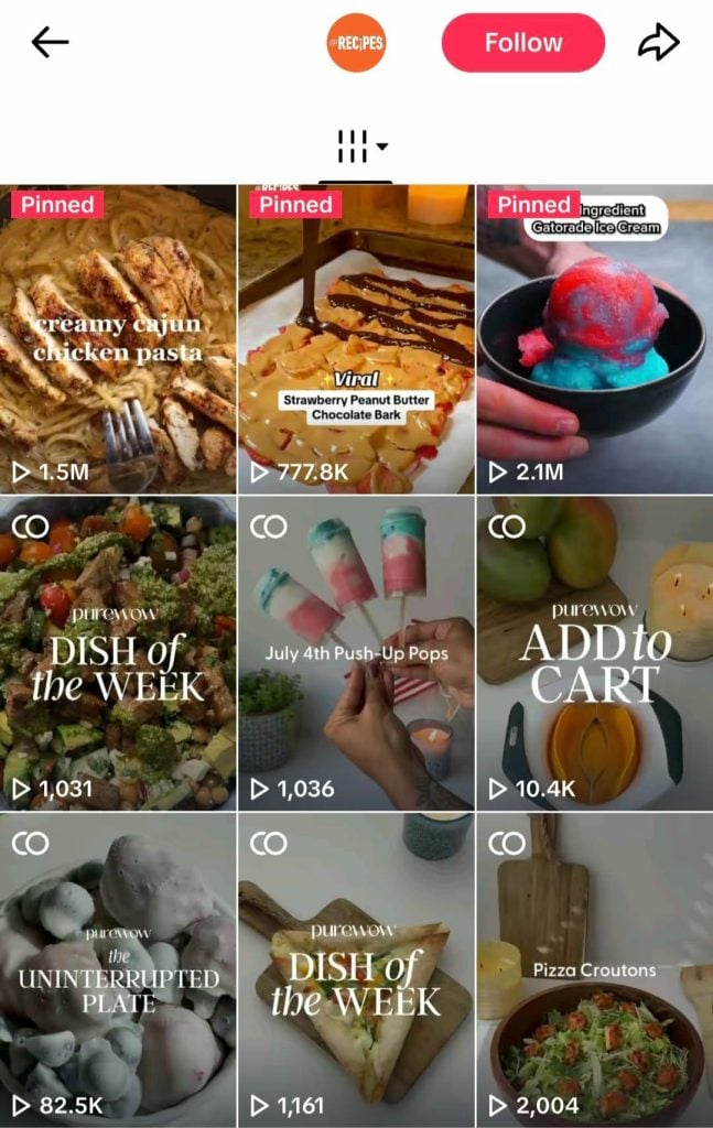 Food thumbnails from Viral Recipes’ profile