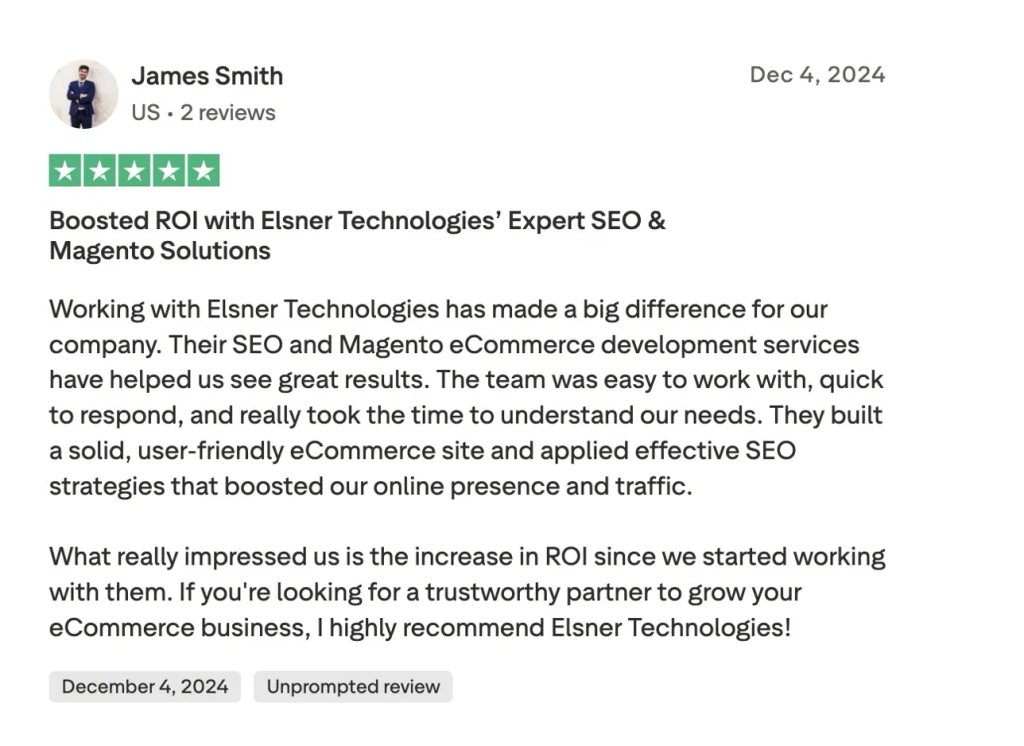 Five-star Trustpilot review praising Elsner Technologies for SEO and Magento ecommerce development.