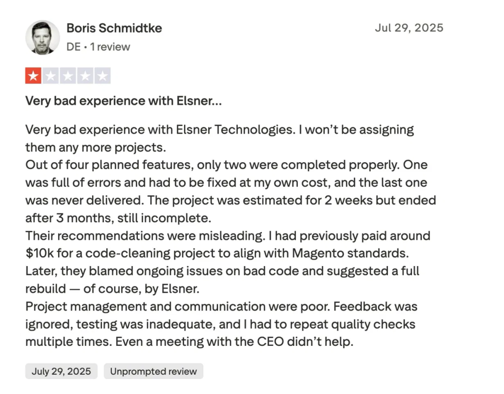One-star Trustpilot review describing missed deadlines and project management problems at Elsner Technologies.