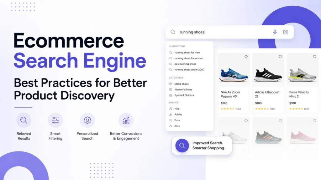Ecommerce search engine interface showing running shoe results with suggestions, category filters, and brand options.