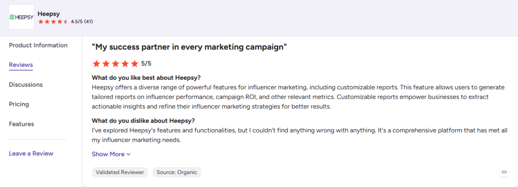 G2 review of Heepsy rated 5/5 by a validated organic reviewer praising customizable influencer performance reports and campaign ROI tracking.