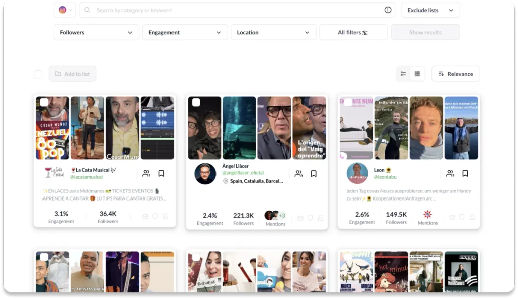 Heepsy influencer search interface showing Instagram results with follower count, engagement rate, location filters, and creator profile previews.
