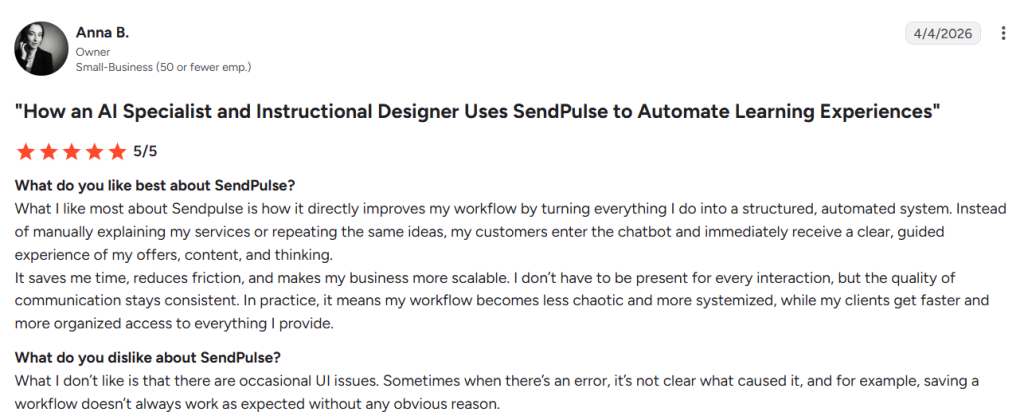 G2 review by a small business owner, giving SendPulse 5/5 stars for workflow automation and chatbot clarity.