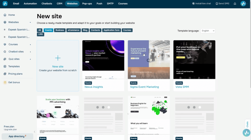 SendPulse website builder interface showing a template gallery with categories for building landing pages.