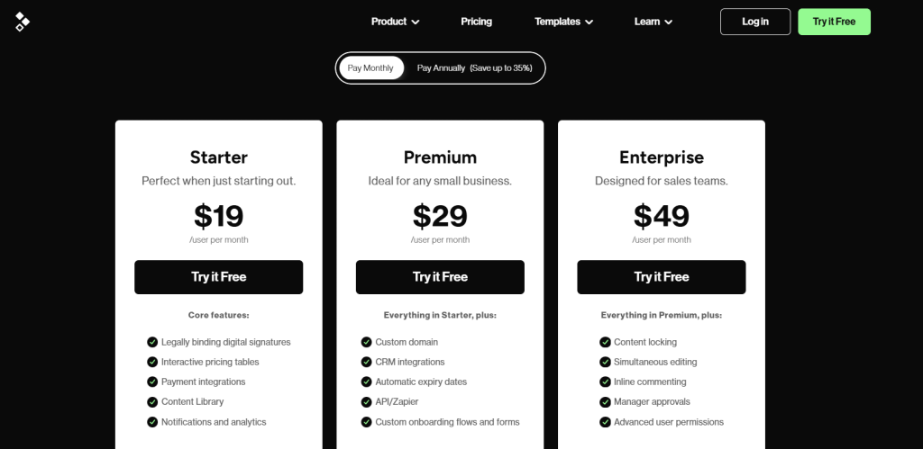 Better Proposals pricing page showing Starter at $19, Premium at $29, and Enterprise at $49 per user per month.