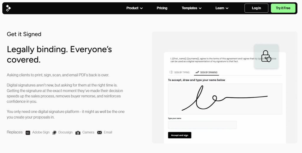 Better Proposals e-signature interface showing sign by typing and sign by drawing options.