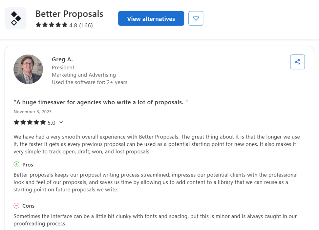 Capterra reviewer giving Better Proposals 5 stars, citing the Content Library and proposal tracking.