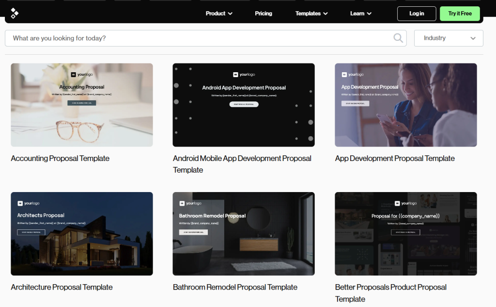 Better Proposals template library showing proposal templates for accounting, app development, architecture, and other industries.