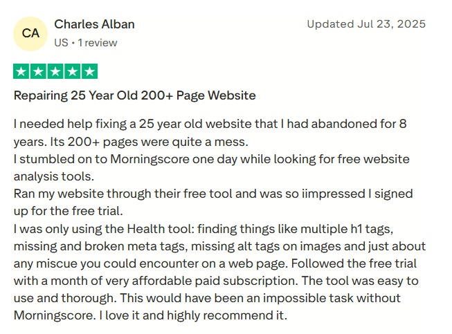 Trustpilot review rating Morningscore 5 stars, describing how the Health tool helped repair a 200+ page website by identifying technical issues.