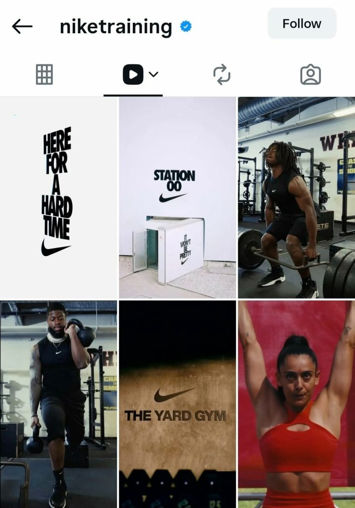 Screenshot of Nike Training’s Instagram thumbnails