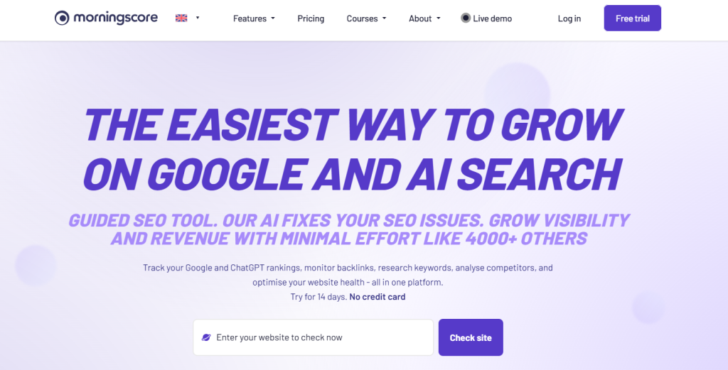 Morningscore homepage showing the platform's tagline about growing on Google and AI search.