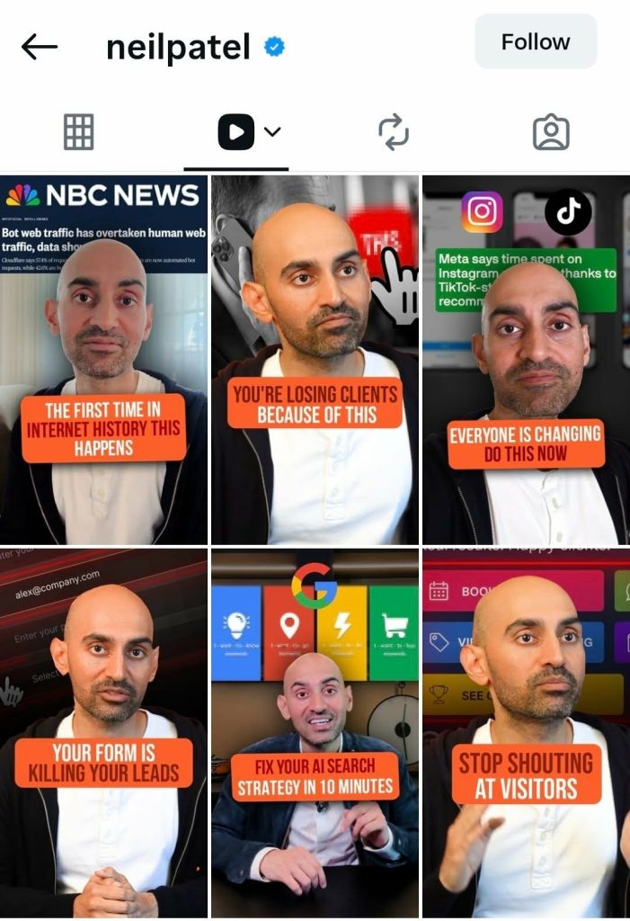Screenshot of Neil Patel’s Instagram reel thumbnails