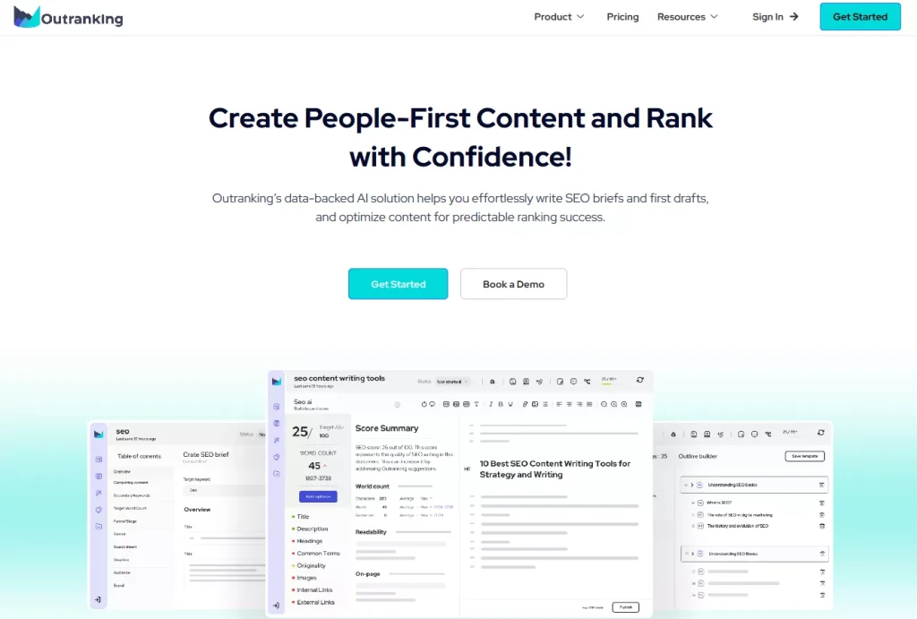 Outranking homepage showing its AI SEO writing platform.