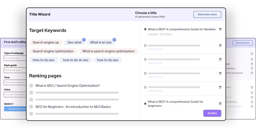 Outranking's Title Wizard dashboard showing target keywords, ranking pages, and AI-generated title options.