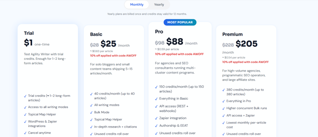 Agility Writer pricing table showing Trial, Basic, Pro, and Premium monthly plans.