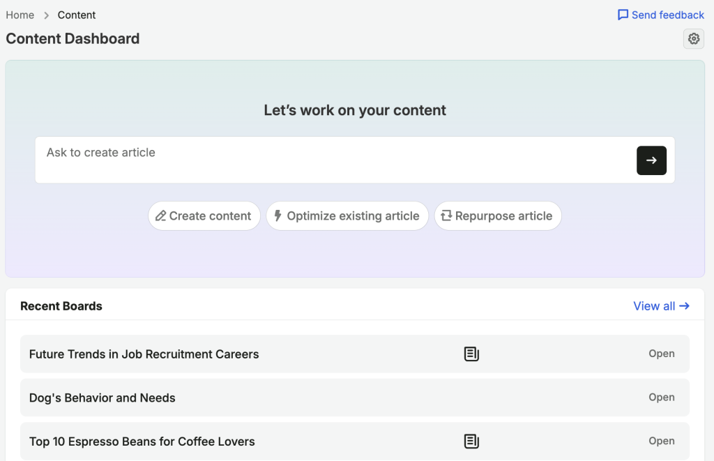 ContentShake AI Content Dashboard interface displaying workflow options for creating and optimizing content.