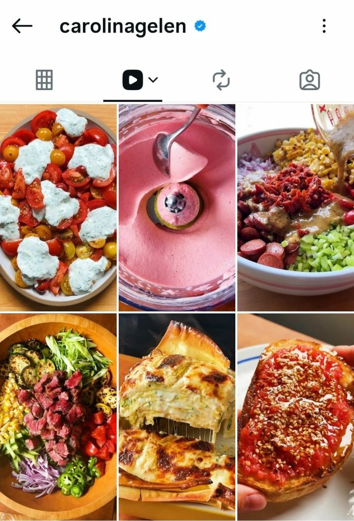 Screenshot of appetizing food thumbnails from Carolina Gelen’s Instagram feed