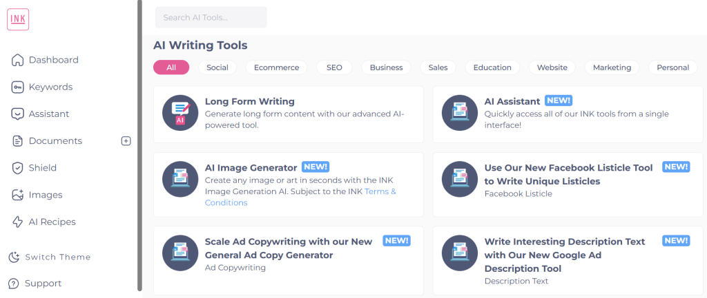 INK Editor dashboard displaying the AI Writing Tools interface with category filters and template cards.
