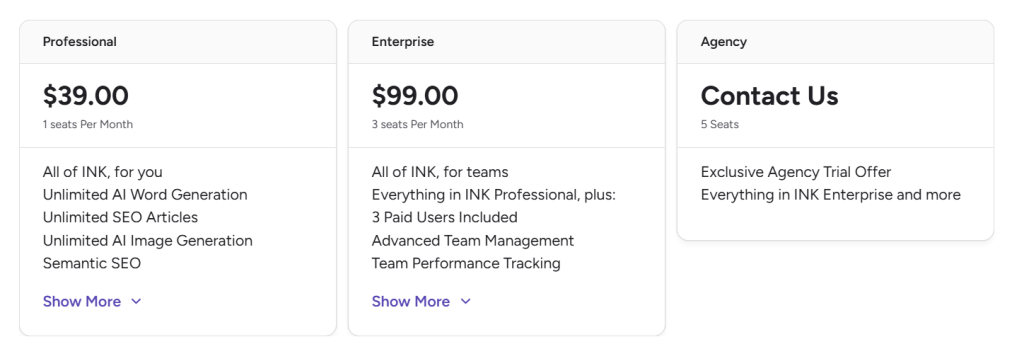 INK Editor pricing table showing three tiers: Professional, Enterprise, and Agency with custom pricing.