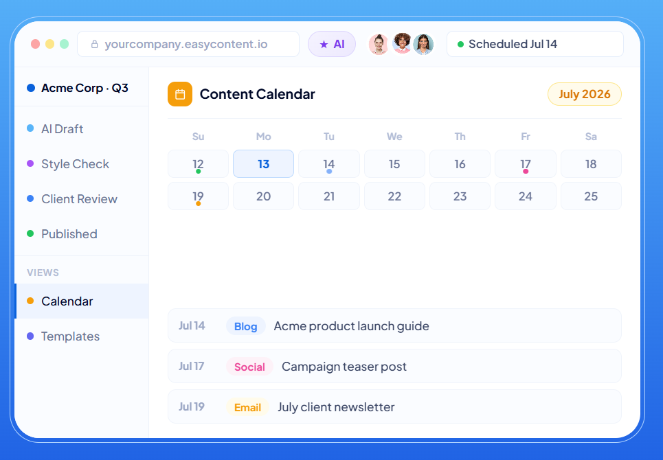 EasyContent content calendar view displaying scheduled blog posts.