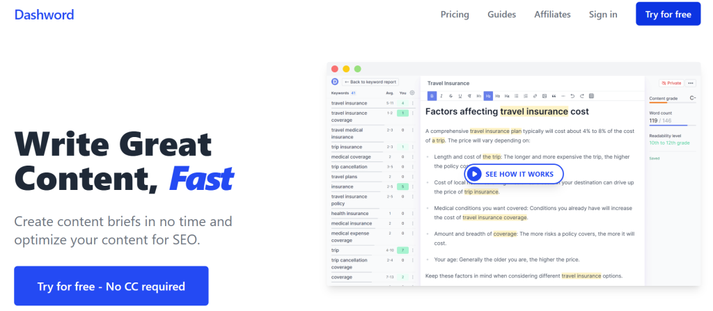 Dashword homepage displaying its SEO content editor with keyword suggestions.